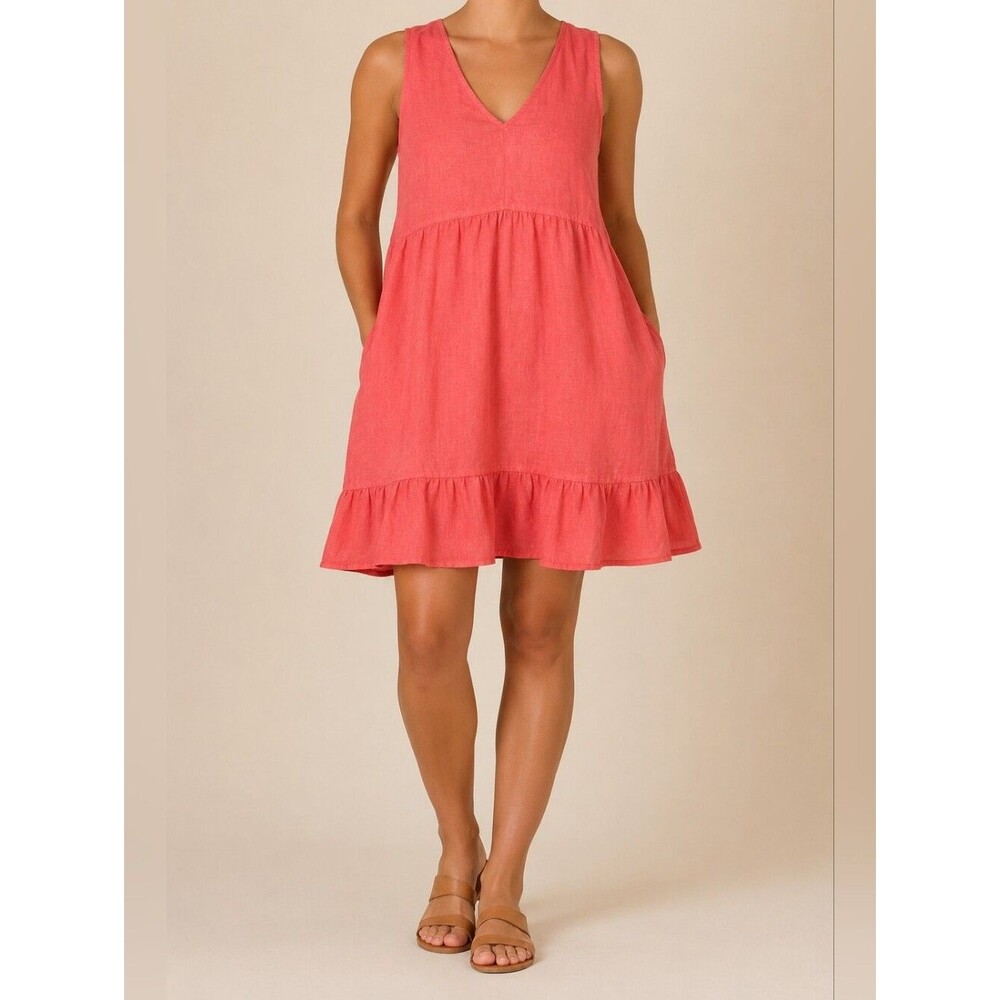 Cynthia Rowley 100% Linen Coral Ruffle Hem Shift Dress Women's XL Boho Coastal